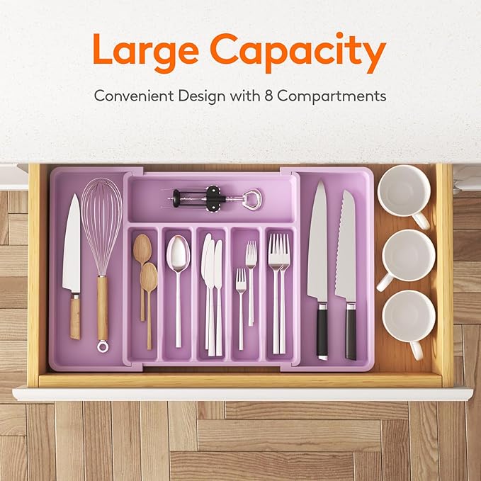 Lifewit Silverware Drawer Organizer, Expandable Utensil Tray for Kitchen, BPA Free Flatware and Cutlery Holder, Adjustable Plastic Storage for Spoons Forks Knives, Large, Purple