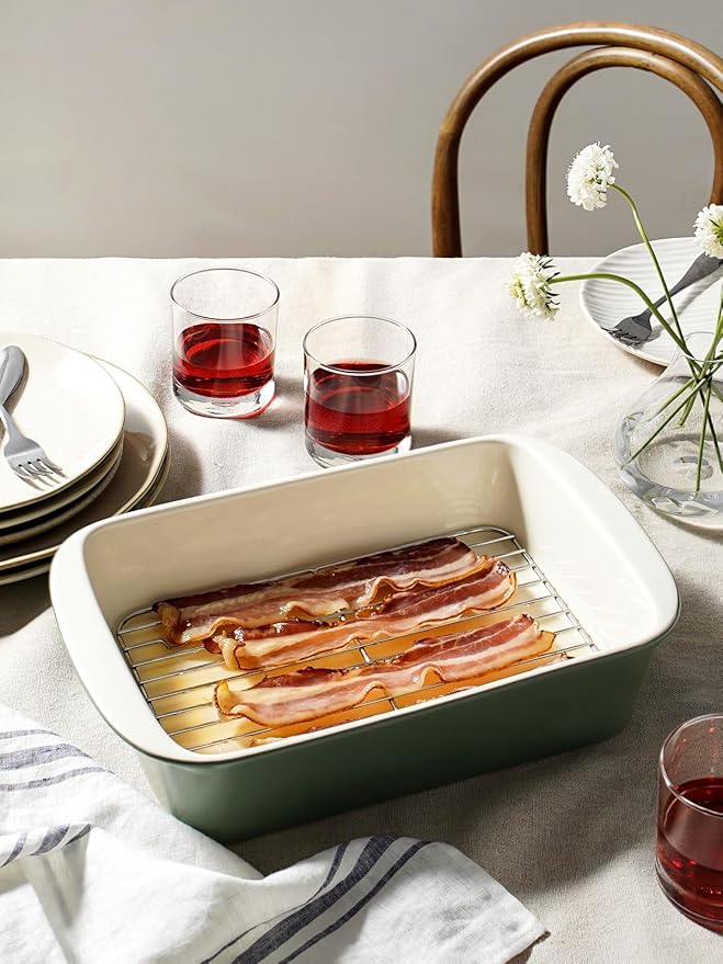 LE TAUCI Deep Casserole Dishes for Oven, 13.7”x9.6” Ceramic Baking Dish Set with Roasting Racks, Large Lasagna Pans with Handles, Rectangular Bakeware as Gift for Mom, Forest Green (4.6QT/3.0QT/1.6QT), Set of 3