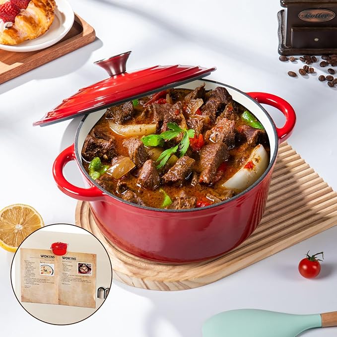 Enameled Cast Iron Dutch Oven Pot with Lid Heavy-Duty Cookware for Bread Baking, Braising, Stews, Roasting,7QT，red