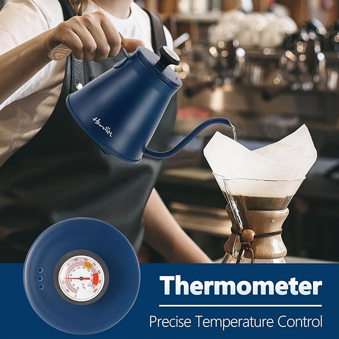 Harriet Gooseneck Kettle with Thermometer for Pour Over Coffee and Tea, 37 fl oz, Stainless Steel, Durable 3-Layer Base, Ideal Spout for Precision Pouring, Compatible with all Stove Tops, Blue