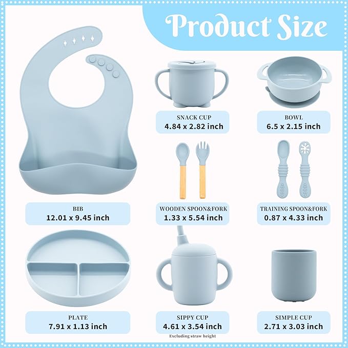 Silicone Baby Feeding Set 10 Pcs, Baby Led Weaning Supplies, BPA Free, Blue