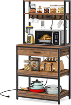 Tribesigns Kitchen Bakers Rack with Power Outlets, 5-Tier Microwave Oven Stand with Drawer and Sliding Shelves, Freestanding Coffee Bar, Kitchen Storage Shelf with 6 Hooks, Rustic Brown
