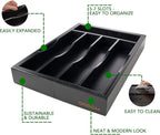 Expandable Bamboo Kitchen Drawer Organizer for Cutlery and Utensils, Adjustable Bamboo Wood Cutlery Tray in Drawer for Flatware and Silverware in Kitchen, (Black)