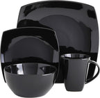 Gibson Elite Soho Lounge Square Reactive Glaze Stoneware Dinnerware Set, Service for 4 (16pc), Black