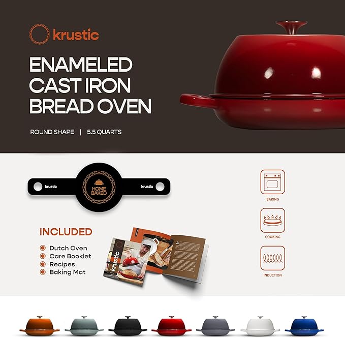 Enameled Cast Iron Dutch Oven for Sourdough Bread Baking | 6 Quart Pot with Lid | 10 Inch Ceramic Enamel Thick Coated Cookware Set with Non Stick Silicone Baking Mat for Cooking | 6 Qt | Red