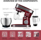 Multifunctional Stand Mixer 6.3Qt 6-Speed Tilt-head, Electric Kitchen Mixer with Stainless Steel Bowl,Meat Grinder, Juice Blender (Red)