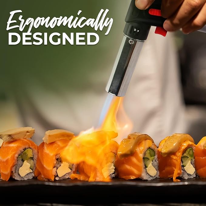 Jo Chef Kitchen Torch with Butane Included – Refillable Lighter with Safety Lock & Adjustable Flame, Blow Culinary Torch for Cooking, BBQ, Creme Brulee, DIY and Soldering - 2 Cans (5.07oz) Included