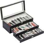 AUTOARK 3-Tier PU Leather & Velvet Knife Organizer with 26 Slots,Transparent Glass Top & Drawer,Compact Storage for Pocket Knives,Ideal for Men's Collections & Gifts,Black,MKAW016