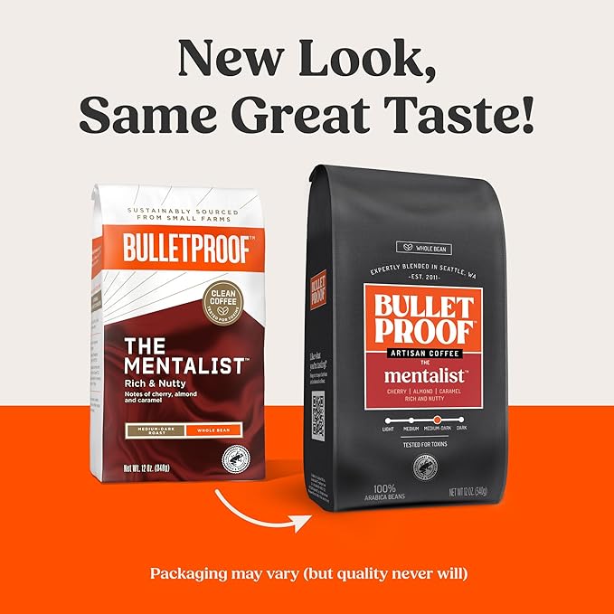 Bulletproof The Mentalist Medium-Dark Roast Ground Coffee, 12 Ounces, Clean Coffee Tested for Toxins, Packaging May Vary