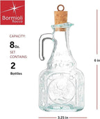 Bormioli Rocco Set Of 2 Country Home Helios Oil Bottle, 8-ounce With All Natural Cork Lid, Blue-green Tinted Star Glass, Elegant And Floral Design Made In Italy.