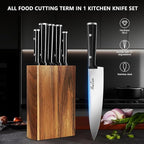 Knife Set,6-Piece Kitchen Knife for Home Use, Sharp Knife Set with Natural Acacia Wood Knife Block, Germen Steel Wood Handle Kitchen Knife Block Set, Ergonomical Design ((Ink-black))