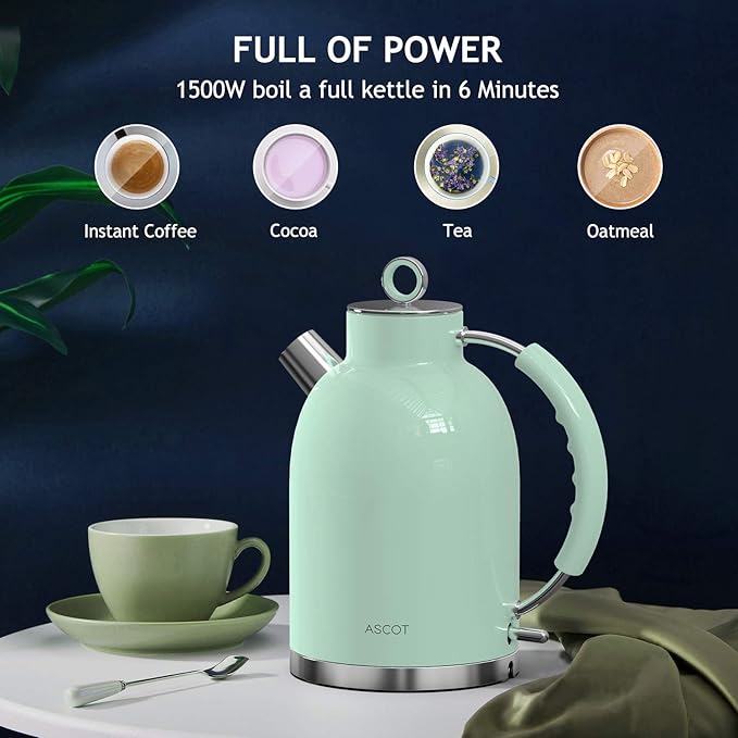 Electric Kettle, ASCOT Electric Tea Kettle, Stainless Steel Kettle Water Boiler, Fast Boiling Kettle, 1.5L, 1500W, BPA-Free, Cordless, Automatic Shutoff, Boil-Dry Protection, Green