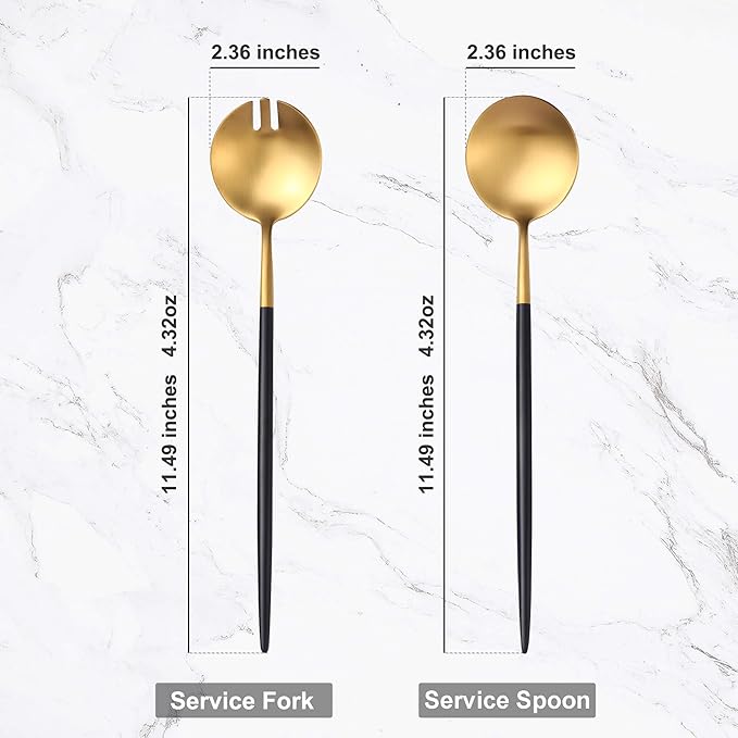 Lemeya Black Gold Salad Serving Utensils, Stainless Steel Spoons, 2Pcs Long Handle Servers 11.42 Inch, Matte Finish, Dishwasher Safe