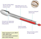 304 Stainless Steel Kitchen Cooking Tongs, 12" and 14" Set of 2 Sturdy Grilling Barbeque Brushed Locking Food Tongs with Ergonomic Grip, Red