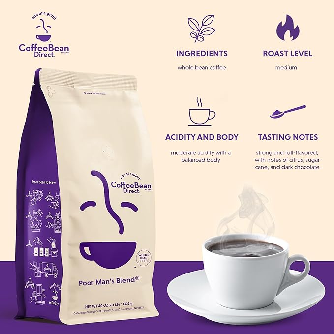 Coffee Bean Direct Poor Man's Blend®, Whole Bean Coffee, Medium Roast, 1 Pound Bag (Pack of 1)