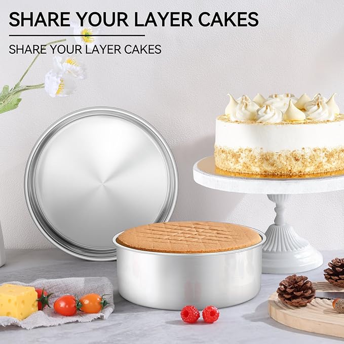 Leonyo 8 Inch Cake Pan, Stainless Steel Circle Baking Pans Set, 2 Pieces Round Layer Cake Tin for Wedding Birthday, Even Heating, Non Toxic & Healthy, Heavy-Duty, Dishwasher Safe