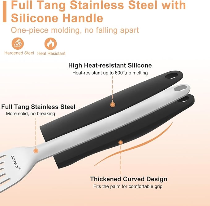 Fish Spatula Stainless Steel, Slotted Turner with Silicone Handle and Curved Blade, Metal Spatula for Cast Iron Skillet, Kitchen Cooking Flipper for Fish, Egg and Burger, 11.7 Inch