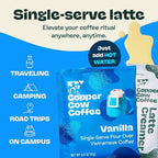 Copper Cow Coffee Pour Over Vietnamese Ground Coffee Pouches + Sweetened Condensed Milk Creamers (8 Coffees & 8 Milk Creamers) | Vanilla Lattes, No Refrigeration Needed, Travel Friendly