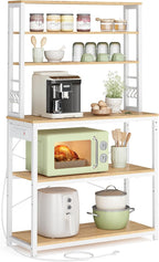 VASAGLE Bakers Rack with Power Outlet, 31.5 Inches Coffee Bar for Kitchen with Storage, 6-Tier Kitchen Shelves with 6 Hooks, Microwave Stand, Golden Oak and White UKKS119Y01