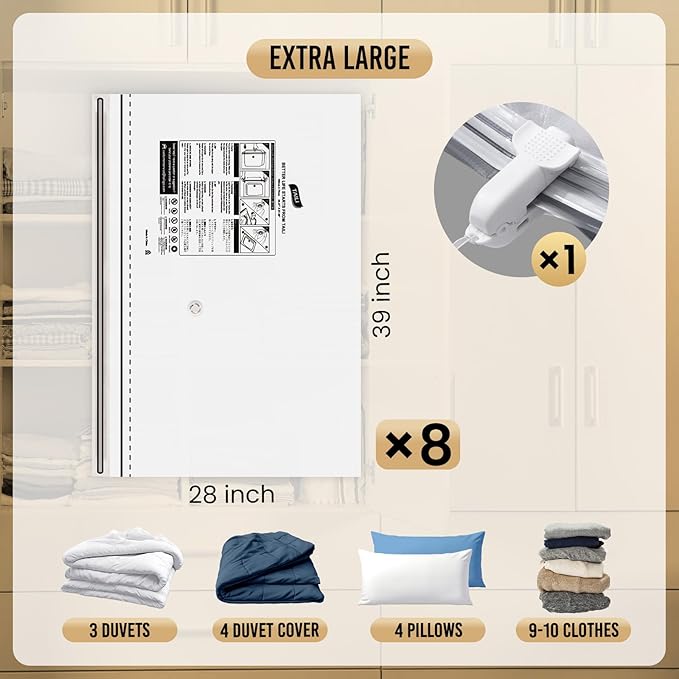 TAILI 8 Pack Vacuum Storage Bags, Jumbo Size 39x28 inch, LONG SIDE ZIP Vacuum Seal Bags for Beddings, Extra Large Storage Space Saver for Clothing, Comforters, Blankets, Pillows