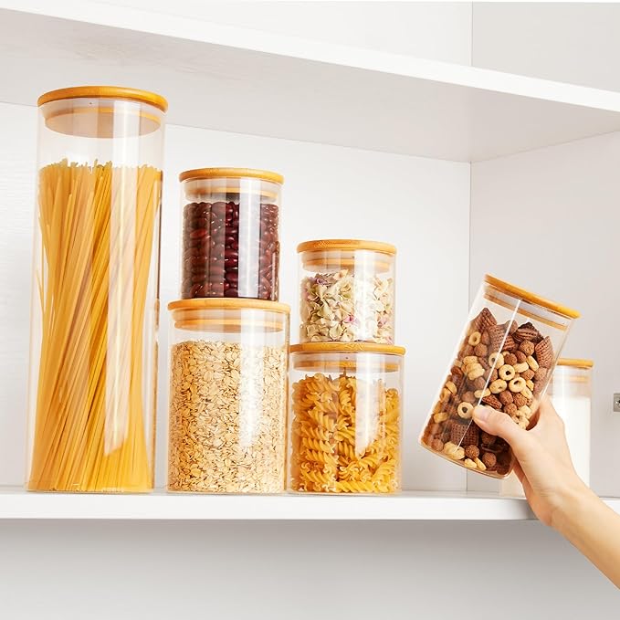 Vtopmart Glass Food Storage Jars, 7 Pack Kitchen Containers with Airtight Bamboo Wooden Lids for Pasta, Cookies, Nuts, Coffee Beans, Cereal, Canisters Set for Flour, Pantry Organization, BPA Free