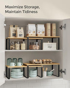 SONGMICS Cabinet Organizer Shelf, Set of 4 Kitchen Counter Shelves, Kitchen Storage, Spice Rack, Stackable, Expandable, Metal and Engineered Wood, Ink Black and Natural Beige UKCS210B01