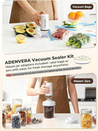 Handheld Vacuum Sealer for Food — Electric Vacuum Sealer Machine & Mason Jar Vacuum Sealer Kit with 10 Reusable Bags & 10 Mason Jar Lids, Portable & Rechargeable, Smart Auto-Stop, White