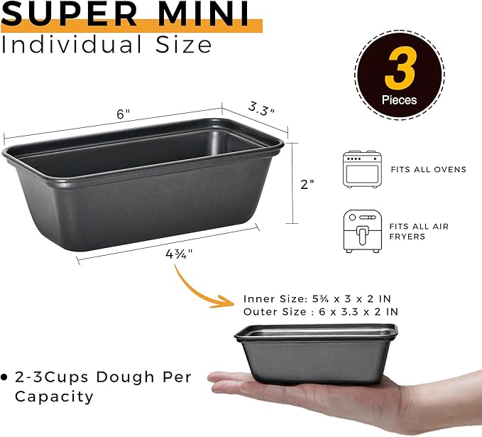 HONGBAKE Mini Loaf Pan for Baking Bread, 6 x 3.3 x 2 In Nonstick Small Banana Bread Tins Set of 3, Tiny Carbon Steel Meatloaf Pan - Dark Grey