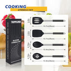 Silicone Kitchen Cooking Utensils Set 5-Piece BPA-Free Heat-Resistant Non-Stick & Dishwasher-Safe, with Slotted/Solid Spoons & Spatulas for Frying,Draining – Includes Multi-Purpose Serving Hook(Black)