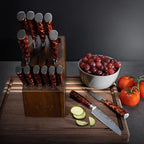 SENKEN 16-Piece Natural Acacia Wood Kitchen Knife Block Set - Japanese Chef's Knife Set with Laser Damascus Pattern, Includes Steak Knives, Kitchen Shears, Santoku, Cleaver & More (Red Resin Handles)