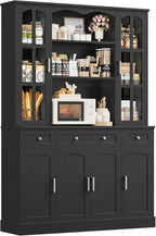 Keyluv 74.8" H Tall Pantry Cabinet with Microwave Stand and 3 Drawers, Large Kitchen Hutch Storage Cabinet with Glass Door and Adjustable Shelves for Kitchen, Dining Room, Living Room, Black