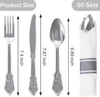 WELLIFE 50 Pack Silver Plastic Silverware, Plastic Cutlery Set Include 50 Forks, 50 Knives, 50 Spoons and 50 Pre Rolled Napkins, Disposable Utensils for Party and Wedding