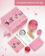 ZENS Pink Matcha Set, 7pcs Matcha Whisk Set Includes 15oz Ceramic Bowl and Cup for Bamboo Whisk, (Chasen Holder), Scoop, 304 Sifter and Tea Mat, Pink Matcha Kit for Matcha Lovers