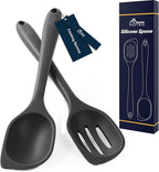HOTEC Heat Resistant Silicone Cooking Spoon Spatula, Large Kitchen Solid and Slotted Spoons for Mixing, Serving, Scraping, Non-stick, Dishwasher Safe Black 12.5inch