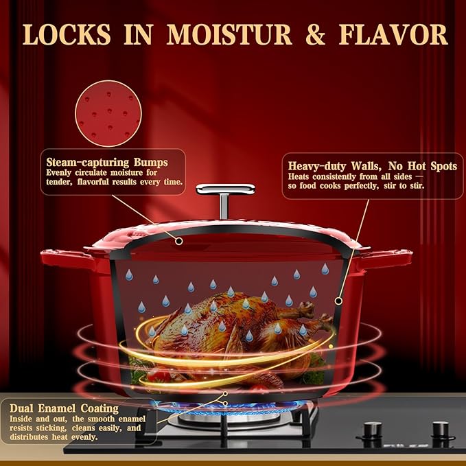 Dutch Oven Pot with Lid - Cast Iron Dutch Oven for Bread Baking Sourdough, Casserole and Braiser with Crab Lid, Square Knob, Nonslid Handles - Red