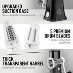 Zulay Kitchen Rotary Cheese Grater 5 Blade Cheese Shredder - Manual Hand Crank Cheese Grater With Reinforced Suction & 5 Interchangeable Drums - Easy to Use, Vegetable Chopper Round Mandoline Slicer