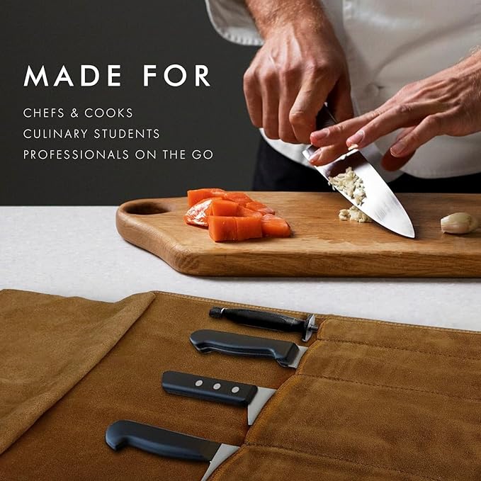 ELIZO Leather Knife Roll Bag Professional Chef Knife Case, Durable Knife Sheath Holder, Cooks & Culinary Tools Carrying Storage, Portable Knife Wrap - 4 Slots