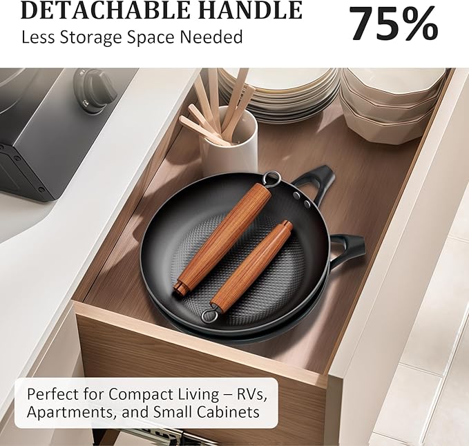 YUTANN Non Stick Frying Pans Set - 8, 10 & 12 Inch Cast Iron Skillets, Pre-Seasoned Diamond Texture Bottom for Oil-Saving Cooking, PFAS/PFOA Free, Detachable Handles, Induction & Oven Safe