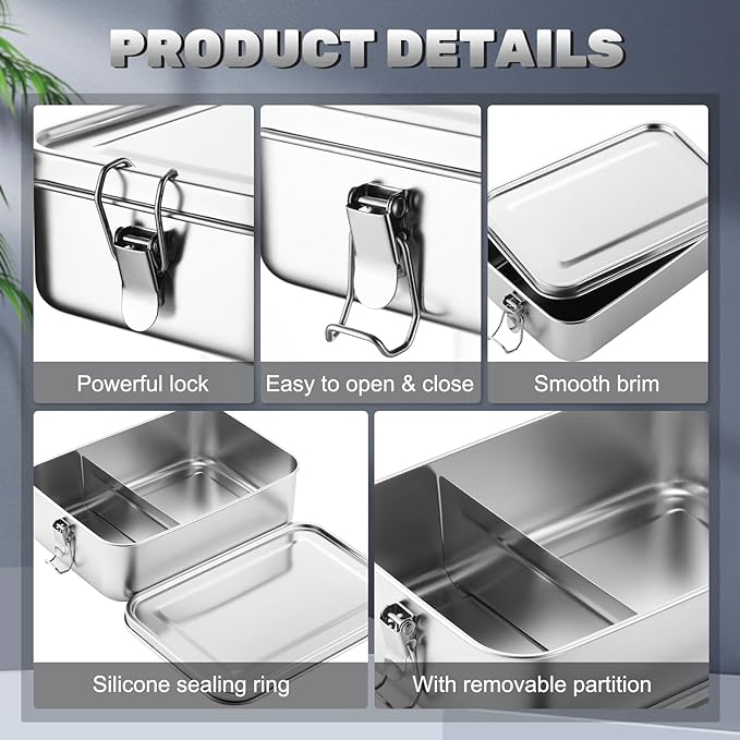 Umigy 4 Pcs Stainless Steel Food Containers 2400ml Metal Bento Lunch Box Stainless Steel Food Storage Containers, Lockable Clips to Leak Proof, Reusable Dishwasher Snack Boxes for Work