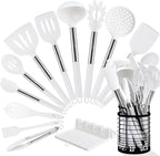 HOTEC Heat Resistant Silicone Kitchen Utensils, Cooking Utensil Set, Spatula Set, BPA Free, Kitchen Gadgets, Utensils Holder, Dishwasher Safe, 14pcs White