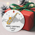 Personalized Saxophone Player Ceramic Christmas Ornament 2025, Customized Text Year Name Saxophonist Hanging Xmas Ornaments Gift, Unique Saxophone Instrument Ceramic Ornament for Women Men DDA Mom