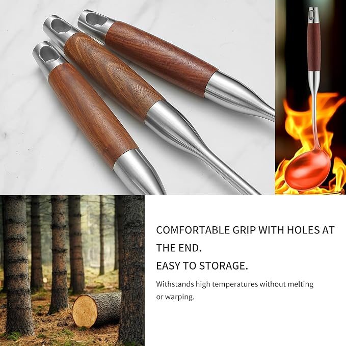 Stainless Steel Kitchen Utensils Set with Wood Handle, 18/10 Metal Cooking Utensils Set, 6-Piece - Spatula, Spoon, Ladle, Skimmer, Slotted Spoon, Pasta Server (Dishwasher Safe)
