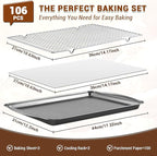 BEWOS Baking Sheet Pans With Racks Set - Including 17.6 × 12 × 1.26 Inch Carbon Steel Baking Sheet, Set of 106 (3 Sheets + 3 Cooling Racks + 100 Parchment Paper), Nonstick Bakeware sets for Baking