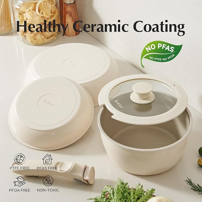 Redchef Ceramic Pots and Pans Set Non Stick, Nonstick Kitchen Cookware Sets, Non Toxic Pots and Pans Set Non Stick, PFAS PFOA & PTFE Free, Detachable Handle Pots and Pans 5 Piece, RV Cookware