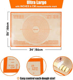Silicone Pastry Mat 34'' By 26'' Extra Large Baking Mat with Measurements for Dough Rolling, Kneading Board, Kitchen Counter Mats, Perfect for Dough, Fondant, Pie Crust, Cookies, Bread, Pasta, Pizza