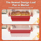 Silicone Bread Loaf Pan With Foldable Function and Metal Reinforced Frame,Rectangular Non-Stick Baking Mold Pans for Oven, Bread, Cake, Easy Release(9"x4"x2.5", Red, 1 Piece)