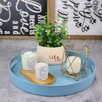 Round Blue Decorative Serving Tray with Handles, 13” Versatile Ottoman Tray for Coffee Table, Entertaining, Outdoor Patio, Living Room