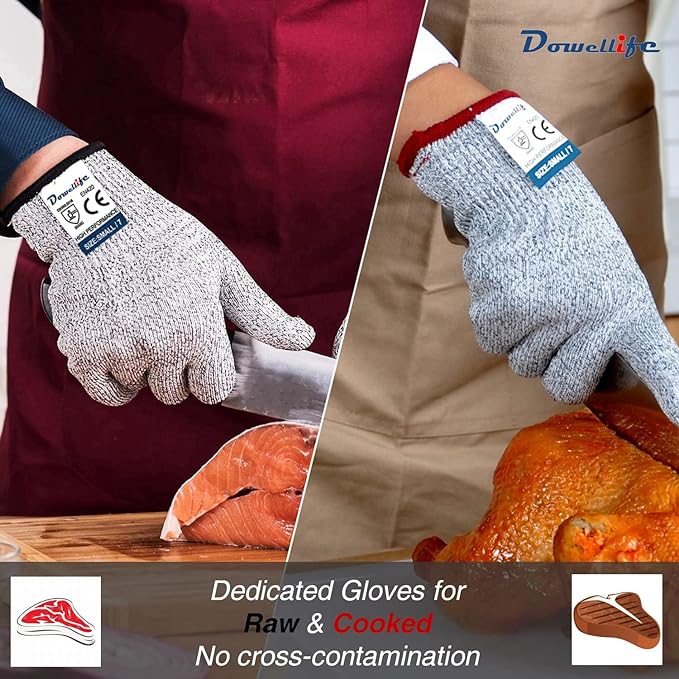 Dowellife Cut Resistant Gloves Food Grade Level 5 Protection, Safety Kitchen Cuts Gloves for Oyster Shucking, Fish Fillet Processing, Mandolin Slicing, Meat Cutting and Wood Carving. (Small-2 Pairs)