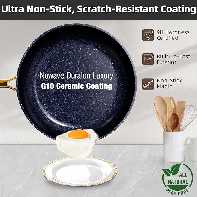 Nuwave Lux LE 13-Pc Cookware Set with Elegant Gold Handle, Diamond Infused Ceramic Non-Stick, PFAS Free, Premium Metal Lids, Ergonomic Stay-Cool Handles, Induction Ready & Compatible w/All Cooktops