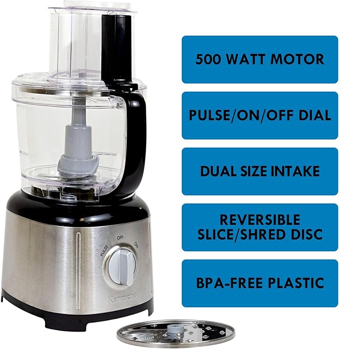 Kenmore 11 Cup Food Processor - Vegetable & Fruit Salad Cutter, Multifunctional, 500 W, Chopper, Slicer, Mincer, Puree, Grater, Blades, Shredder, Compact Stainless Steel Kitchen Appliances, Black